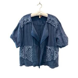 ANTHROPOLOGIE Pilcro Blue Patchwork Kimono Jacket Boho Open Front Top | Medium